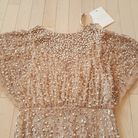 Mac Duggal ! Pearl Sequin Beaded Mesh Boat Neck Short Flutter Sleeve Shawl Gown - Picture 4 of 9